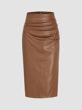 Faux Leather Mid Waist Ruched Midi Skirt