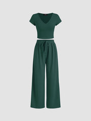 V-neck Short Sleeve Crop Tee & Knotted Wide Leg Pants Set