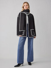 Contrasting Stitching Jacket With Scarf