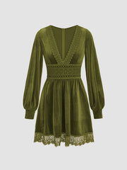 Velvet V-neck Lace Mini Dress