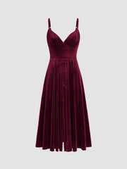 Velvet V-neck Solid Ruffle Midi Dress