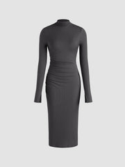 High Neck Solid Ruched Midi Dress