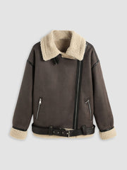 Faux Shearling Biker Jacket With Belt
