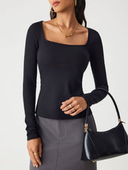 Square Neck Solid Long Sleeve Tee