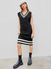 Knit V-neck Solid Knitted Mini Dress