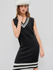 Knit V-neck Solid Knitted Mini Dress