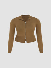 High Neck Solid Zipper Knitted Cardigan Curve & Plus