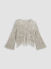Round Neckline Solid Hollow Out Tassel Knitted Crop Long Sleeve Top Curve & Plus