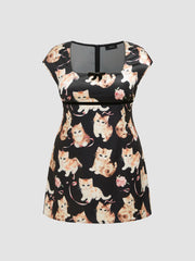 Satin V-neck Cat Bowknot Mini Dress Curve & Plus
