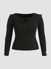 Jacquard Round Neck Bowknot Knit Long Sleeve Top Curve & Plus