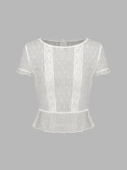 Mesh See-Through Solid Lace Short Sleeve Blouse