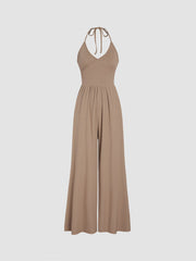 Halter Neck Solid Wrap Wide Leg Jumpsuit