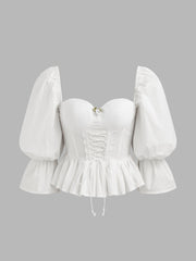 Lace Up Ruffle Hem Corset Puff Sleeve Blouse