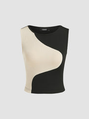 Round Neck Contrasting Crop Tank Top & Solid Elastic Waist Drawstring Trousers
