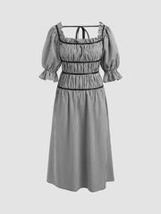 Square Neck Ruched Puff Sleeve Midi Dress