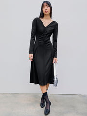 V-neck Solid Knitted Ruffle Midi Dress
