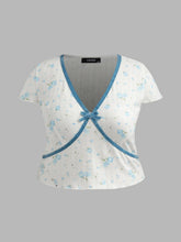V-neck Bowknot Contrasting Binding Short Sleeve Top Curve & Plus