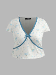 V-neck Bowknot Contrasting Binding Short Sleeve Top Curve & Plus