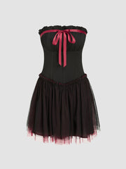 Contrasting Binding Bowknot Tulle Tube Mini Dress