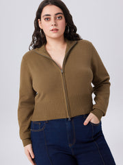 High Neck Solid Zipper Knitted Cardigan Curve & Plus