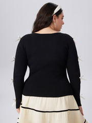Jacquard Round Neck Bowknot Knit Long Sleeve Top Curve & Plus