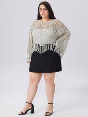 Round Neckline Solid Hollow Out Tassel Knitted Crop Long Sleeve Top Curve & Plus