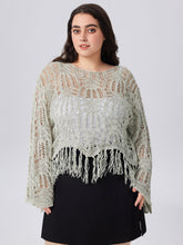 Round Neckline Solid Hollow Out Tassel Knitted Crop Long Sleeve Top Curve & Plus