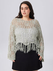 Round Neckline Solid Hollow Out Tassel Knitted Crop Long Sleeve Top Curve & Plus