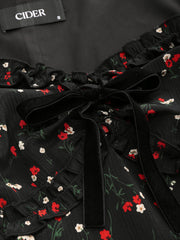 Square Neck Floral Bowknot Puff Sleeve Midi Dress