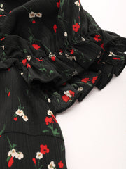Square Neck Floral Bowknot Puff Sleeve Midi Dress