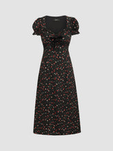 Square Neck Floral Bowknot Puff Sleeve Midi Dress