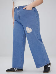 Stretch Denim Mid Rise Heart Wide Leg Jeans Curve & Plus