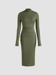 High Neck Solid Ruched Midi Dress