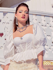 Lace Up Ruffle Hem Corset Puff Sleeve Blouse