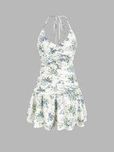 Halter V-neck Floral Layered Ruffle Hem Mini Dress