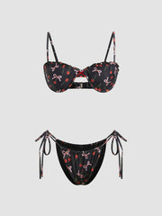 Cherry Bowknot Tie Side Underwire Bikini Set