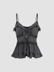 V-neck Knotted Lettuce Trim Solid Cami Top