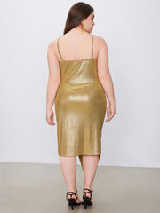 Metallic V-neck Solid Ruched Midi Dress Curve & Plus