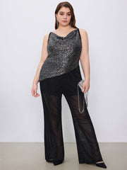 Sequin Cowl Neck Asymmetrical Hem Cami Top Curve & Plus