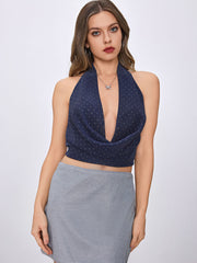 Cowl Neck Polka Dot Ruched Crop Top