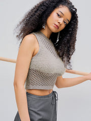 High Neck Solid Hollow Out Knitted Crop Tank Top