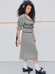 Square Neck Ruched Puff Sleeve Midi Dress