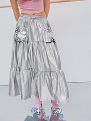 Mid Rise Tiered Ruffle Hem Maxi Skirt