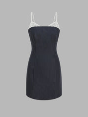 Woven Collarless Striped Contrasting Lace Mini Dress