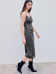Mesh Asymmetrical Hem Ruched Midi Dress