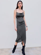 Mesh Asymmetrical Hem Ruched Midi Dress