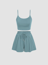 U-neckline Crop Cami Top & Drawstring Wide Leg Shorts Set