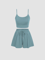 U-neckline Crop Cami Top & Drawstring Wide Leg Shorts Set