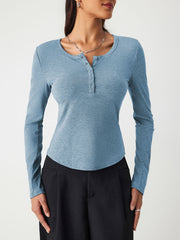 Solid Rib V-neck Long Sleeve Tee