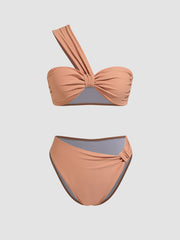 Asymmetrical Neck Solid Ruched One-Shoulder Cheeky Bikini Swimsuit